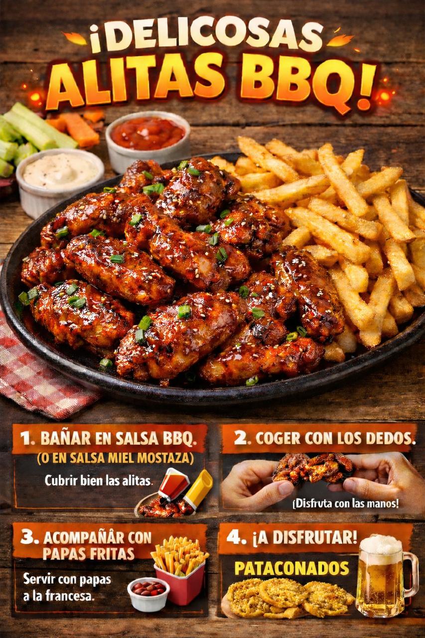 Combo familiar de alitas BBQ con papas fritas y salsas